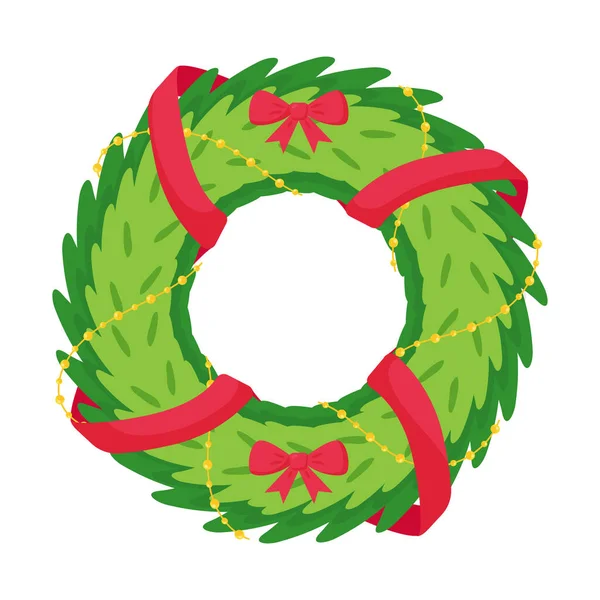 弓とリボンでクリスマスリース 白を基調とした平面的なイラスト 新年とクリスマスのデザインの要素 — ストックベクタ