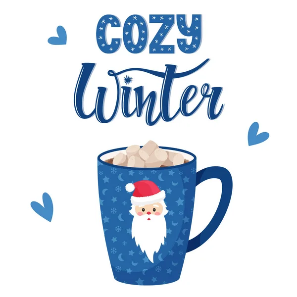 Mug Coffee Cocoa Marshmallows Blue Cup Santa Claus Handwritten Inscription — Stock Vector