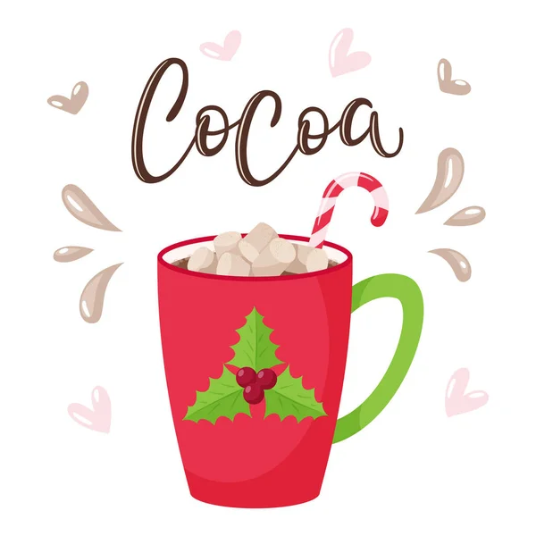 Mug Cocoa Marshmallow Candy Cane Red Cup Holly Handwritten Inscription — Stock Vector