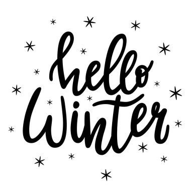 El yazması yazması, kelimeler... Merhaba kış. Harfler el yazısıyla çizilmiş. Metin siyah-beyaz çizimi. Basit kar taneleriyle beyaz bir arkaplanda izole edilmiş.