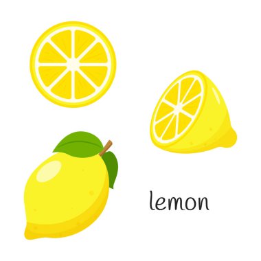 Yapraklı tam limon, yarısı ve dilimlenmiş. Citrus meyve ikonu. Düz dizayn. Beyaz arkaplanda izole edilmiş renk vektörü çizimi