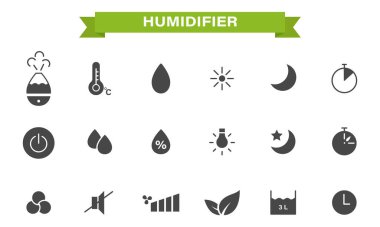 Nemlendiricinin temasında bir dizi düz monokrom simgesi. Düğmeler ve semboller nem, sıcaklık, arka ışık, sessizlik ve gece modunu gösteriyor. Vektör illüstrasyonu beyazda izole edildi.