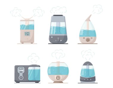 A set of steam ultrasonic humidifiers of different shapes. Household appliances for the home. A mist generator. vector illustrations in flat style. isolated on a white background clipart