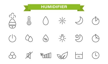 Simgeler nemlendiricinin temasına ayarlandı. Doğrusal stil. Nemlendirici, hava nemlendirici, zamanlayıcı, sıcaklık, arka ışık, sessiz mod, gece modu, kapasite boyutu. Beyaz arkaplanda izole edildi. Vektör illüstrasyonu