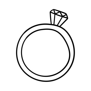 Değerli taşlı bir yüzük. Sevgililer Günü için dekoratif bir unsur. Tek bir tasarım nesnesinin ana hatları elle çizilir ve beyaz bir arkaplanda izole edilir. Siyah beyaz vektör illüstrasyonu.