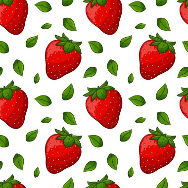 Çilek ve yapraklarla kusursuz desen. Parlak, kırmızı, sulu, yaz mevsimi, meyvemsi desen. Renkli elementler doğrusal bir şekilde izole edilir. Giysi ve yiyecek ambalajı tasarımı için