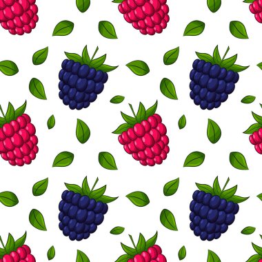 Ahududu, böğürtlen ve yapraklarla kusursuz desen. Parlak, sulu, yaz tatili, meyvemsi desen. Doğrusal biçimdeki renk elemanları arkaplan olmadan izole edilir. Yiyecek ambalajı için.