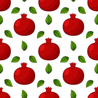 Nar ve yapraklarla kusursuz desen. Parlak, kırmızı, sulu, yaz mevsimi, meyvemsi desen. Doğrusal biçimdeki renk elemanları arkaplan olmadan izole edilir. Giysi tasarımı ve yiyecek ambalajı için.