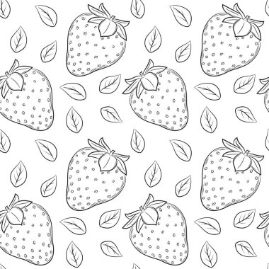 Çilek ve yapraklarla kusursuz desen. Siyah ve beyaz el yapımı doğrusal elementler şeffaf bir arkaplanda izole edilir. Mutfak aksesuarları ve yiyecek ambalajı tasarımı için.