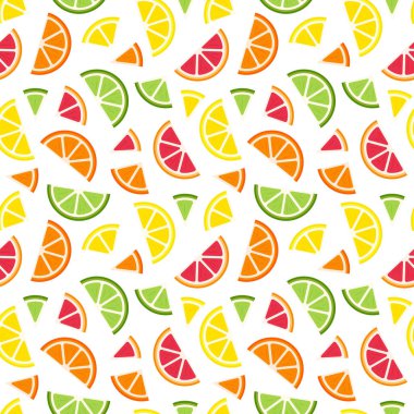 Turunçgil meyveli kusursuz desen. Meyve dilimli yaz geometrik deseni. Düz elementler izole edilmiştir. Şeffaf arka plan. Mutfak aksesuarları, giysi ve yiyecek ambalajı tasarımı için.