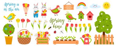 Bahar ve yaz temalı tasarım elementleri koleksiyonu. Kuşlar, tavşanlar, tavuklar. Sevimli karakterler. Düz bir şekilde bir dizi renk vektör çizimi. Beyaz bir arkaplanda izole edilmiş.