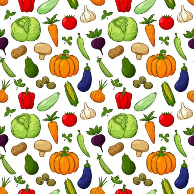 Farklı sebzelerle kusursuz desen. Renkli el çizimi doğrusal elementler şeffaf bir arkaplanda izole edilir. Mutfak aksesuarları ve yiyecek ambalajı tasarımı için.
