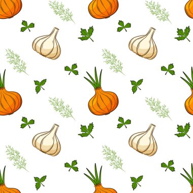Soğan, sarımsak ve bitkilerle kusursuz desen. Sebzeli parlak desen. Doğrusal biçimdeki renk elementleri bg olmadan izole edilir. Mutfak aksesuarları ve yiyecek ambalajı tasarımı için..