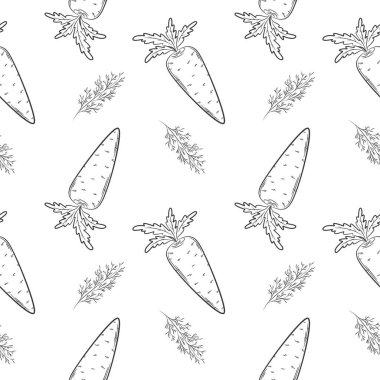 Havuç ve dereotlu kusursuz desen. Sebzeli siyah beyaz desen. Doğrusal biçimdeki elementler arka plan olmadan izole edilir. Mutfak aksesuarları ve yiyecek ambalajı tasarımı için.