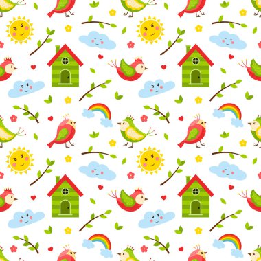 Kuşlar, dallar, kuş yuvası güneşi ve bulutlu kusursuz desen. Tatlı karikatür yayı, yaz düz vektör elementleri. Tekstil ve ambalaj için çocuk deseni. şeffaf bir arkaplanda