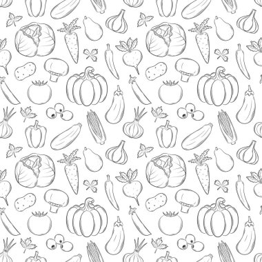 Farklı sebzelerle kusursuz desen. Siyah-beyaz el çizimi doğrusal elementler şeffaf arkaplanda izole edilir. Mutfak aksesuarları ve yiyecek ambalajı tasarımı için.