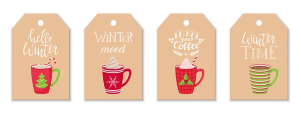 Set Tags Red Coffee Cocoa Mugs Whipped Cream Hand Lettering — Stock Vector