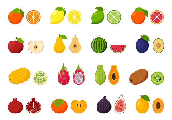 エキゾチックな柑橘類の大規模なコレクション カットアウトフルーツのアイコンセット 果物のペア 全体と半分にカット フラットベクトルイラスト 白い背景に隔離されたデザイン要素 — ストックベクタ