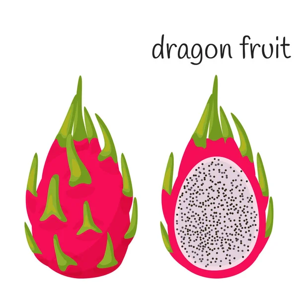 Eine Ganze Drachenfrucht Der Schale Mit Blättern Und Die Hälfte — Stockvektor