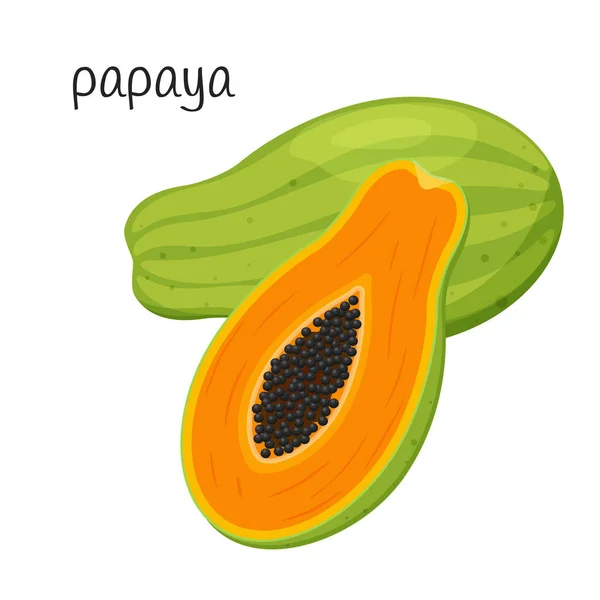 Celý Papája Půlku Semínka Dužninou Exotická Ikona Tropického Ovoce Plochý — Stockový vektor
