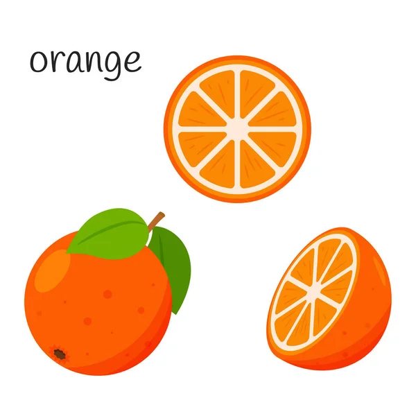 Orange Entière Avec Feuilles Moitié Tranche Icône Agrumes Design Plat — Image vectorielle