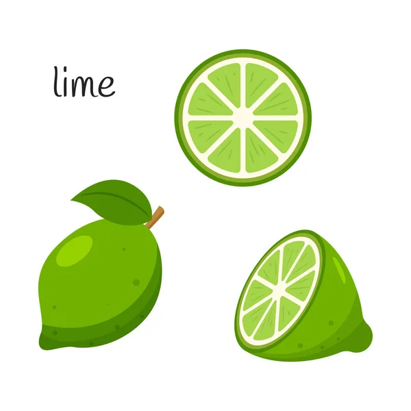 Een Hele Limoen Met Bladeren Half Half Citrusvruchten Icoon Vlak — Stockvector