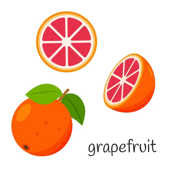Hele Grapefruit Met Bladeren Half Half Gesneden Citrusvruchten Icoon Vlak — Stockvector