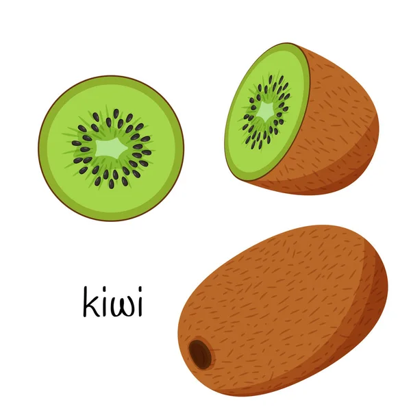Fruto Kiwi Inteiro Cortado Metade Fatia Ícone Fruta Design Plano — Vetor de Stock