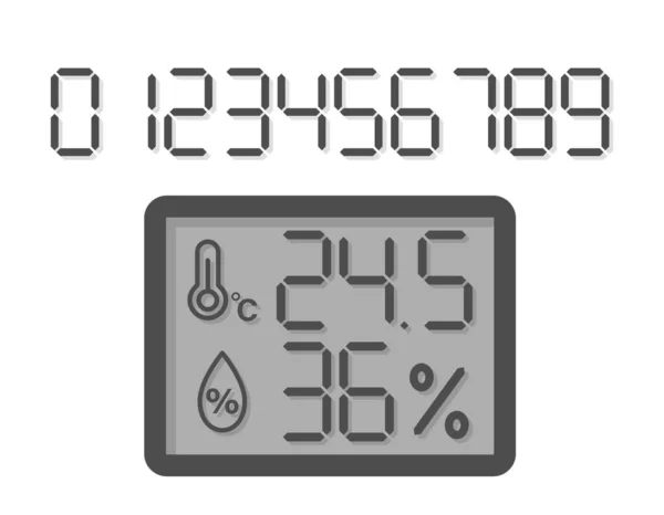 Elektronik bir aygıtın görüntüsü. 0 'dan 9' a kadar sayılarla yazı tipi. Sıcaklık ve nem göstergeleri için ikonlar. Higrometre ve termometre. Düz vektör çizimi. beyaz arkaplanda izole edilmiş
