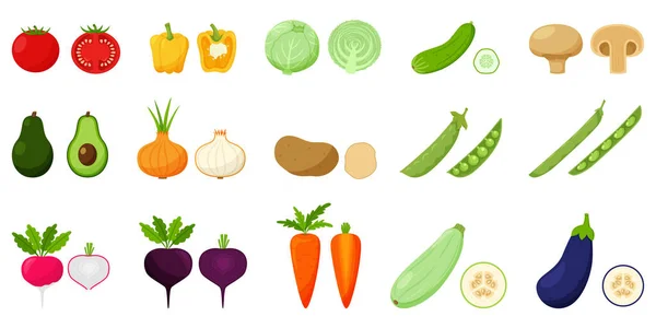 野菜のセット 断面全体と半分の野菜のペア エンドウ豆 アボカド 野菜を平らなスタイルで 白い背景に孤立したベクトル図 — ストックベクタ