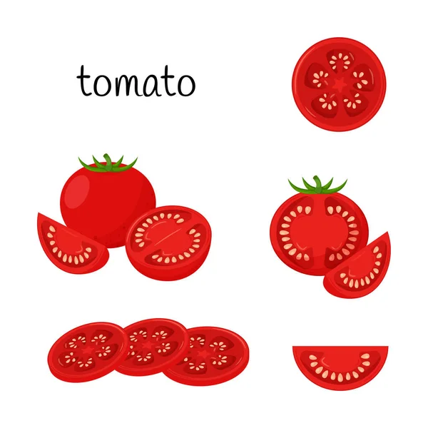 Reife Tomaten Ganz Scheiben Viertel Und Hälfte Querschnitt Gemüse Zutaten — Stockvektor