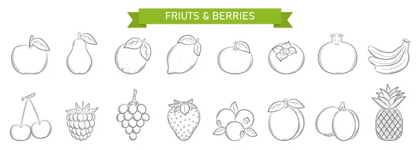 ドゥードルスタイルの果物や果実のための線形アイコンのセット デザイン要素は白地に手描きで隔離されています 白黒ベクトルイラスト — ストックベクタ