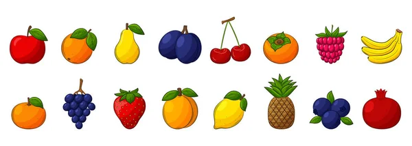 一组彩色线性的水果和浆果图标 以平整的风格设计具有冲程的元素 手绘并隔离在白色背景上 黑白矢量图解 — 图库矢量图片