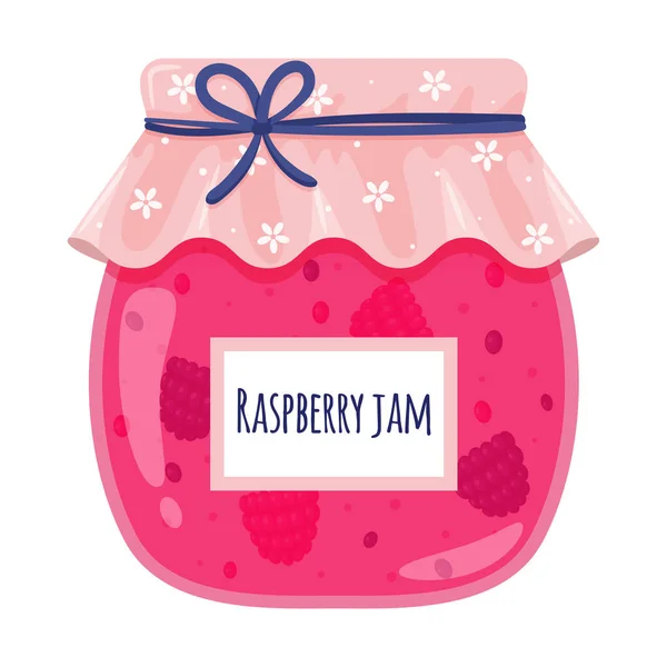 Ahududu reçelli cam kavanoz. Tatlı yemek, böğürtlenli reçel, ev yapımı yemek, ikramlar, tatlı. Çizgi film düz stiliyle renk vektör illüstrasyonu. Beyaz bir arkaplanda izole edilmiş