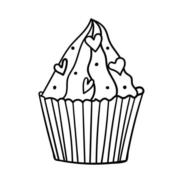Cupcake Cream Decoration Hearts Decoration Valentine Day Simple Outline Design — Stock Vector