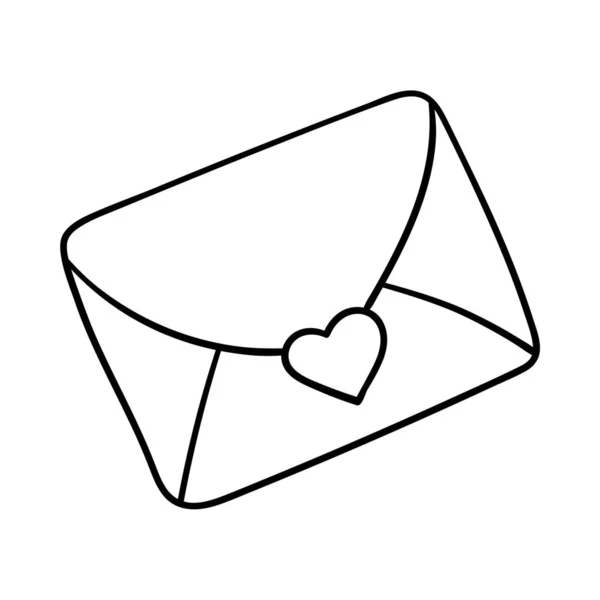 ハートの閉じた封筒 バレンタインデーの装飾要素 単純な外形設計オブジェクトを手描きで描画し 白い背景に分離します 白黒ベクトルイラスト — ストックベクタ