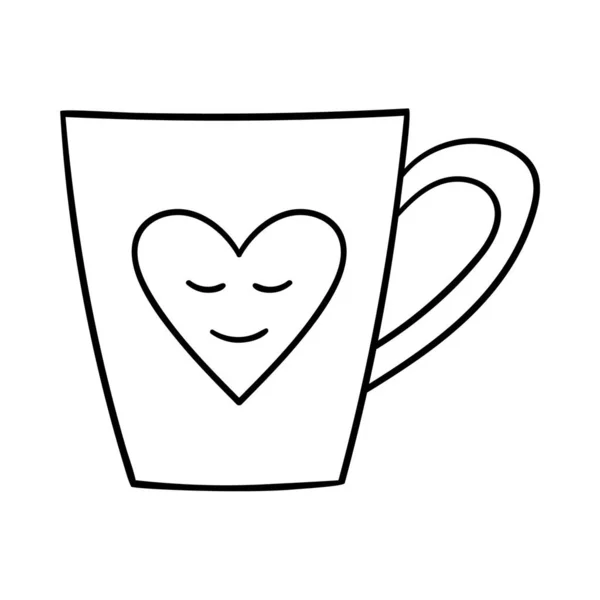 ハート型のマグカップです バレンタインデーのための装飾的なデザイン要素 白地に手描きで描かれたシンプルなアウトラインイラスト 黒白ベクトル — ストックベクタ