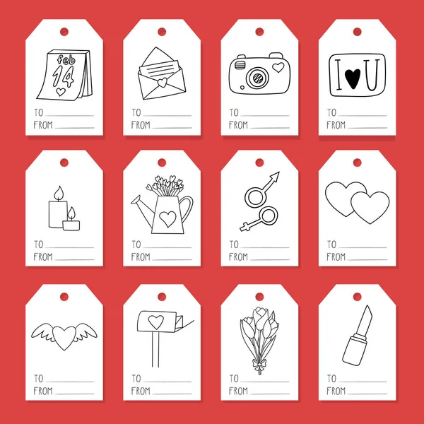 一套以情人节为主题的礼品包装标签 涂鸦风格的插图是手工画的 在白色背景上孤立的黑白矢量图解 — 图库矢量图片