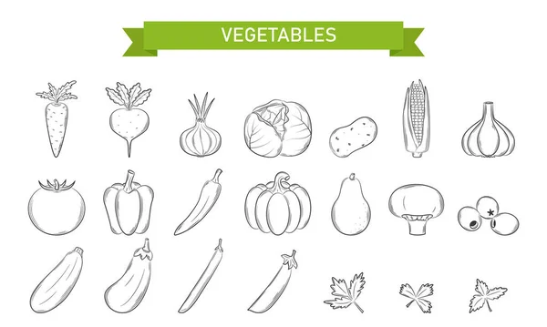 Μια Σειρά Γραμμικών Εικόνων Για Λαχανικά Μανιτάρια Ελιές Στυλ Doodle — Διανυσματικό Αρχείο