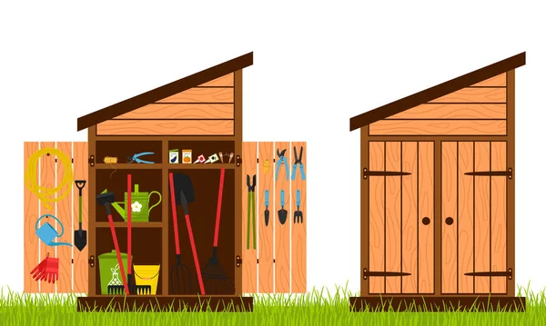 木製の閉じて開いているドアを流す 庭の道具は小屋の中に積み上げられ ドアに掛けられています 植物を育てるための機器 平面図のベクトル図 — ストックベクタ
