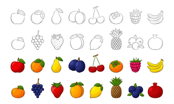 Eine Reihe Von Früchten Lineare Schwarz Weiß Elemente Und Farbige — Stockvektor