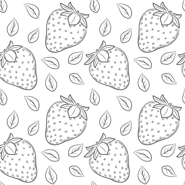 Nahtloses Muster Mit Erdbeeren Und Blättern Handgezeichnete Schwarze Und Weiße — Stockvektor