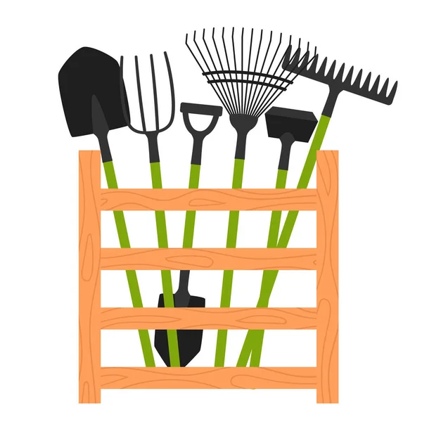 Collection Garden Tools Wooden Box Rake Shovel Pitchfork Hoe Set — Stock Vector