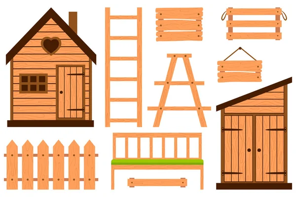 木製の庭のアクセサリーのコレクション フェンス ボックス はしご ベンチ 庭の家具 漫画のフラットスタイルのデザイン要素 カラーベクトルイラスト白地に隔離 — ストックベクタ