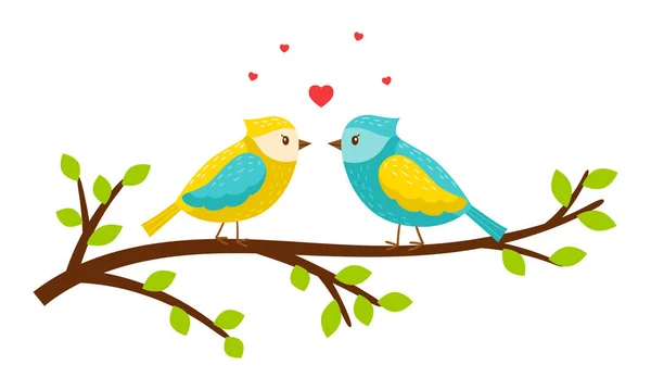Красиві Весняні Птахи Закохані Сидять Гілці Листям Серця Повітрі Герої — стоковий вектор
