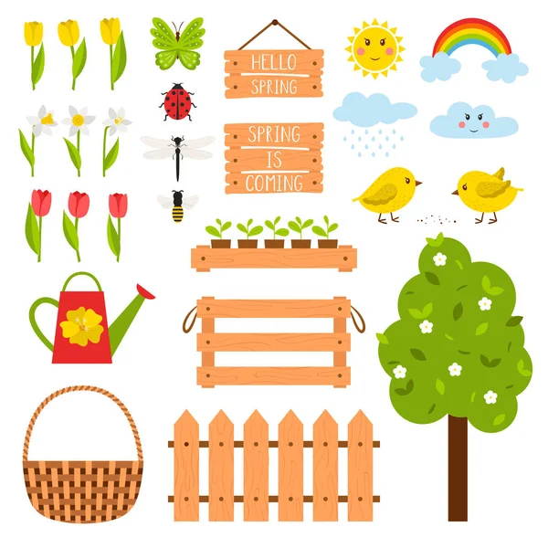 Collection Design Elements Theme Spring Tulips Chickens Seedlings Box Baskets — Stock Vector