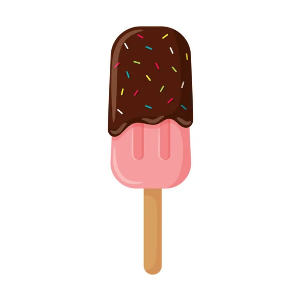 雪糕加冰块 粉红冰棒加巧克力糖霜和装饰洒水甜甜的 高热量的 不健康的食物 彩色矢量插图在卡通平面风格 与白种人隔离 — 图库矢量图片
