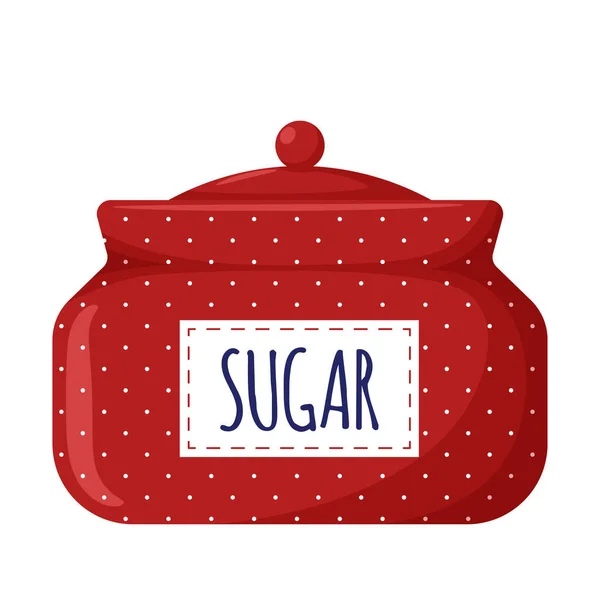 Röd Sockerskål Med Prickar Med Lock Och Etikett Köksgeråd Sockerbehållare — Stock vektor