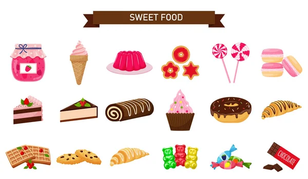 Een Setje Snoepjes Zoet Gebak Cake Snoep Desserts Een Verzameling — Stockvector
