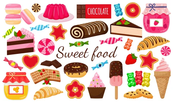 お菓子のセット 甘いペストリー ケーキ お菓子 デザート おいしい 高カロリーの食品のコレクション 漫画のフラットスタイルでイラスト 白い背景に隔離された — ストックベクタ